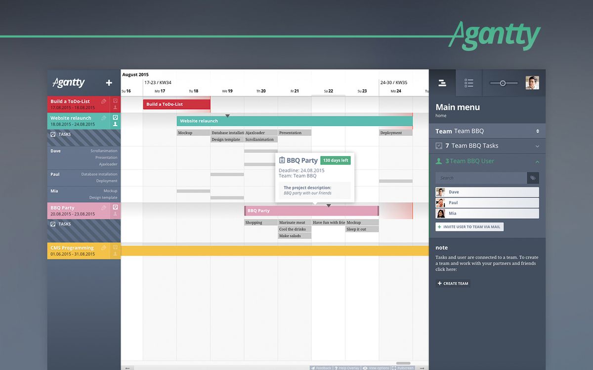 Screenshot der Gantt-Ansicht eines Beispielprojekts im Projektmanagement-Tool Agantty.